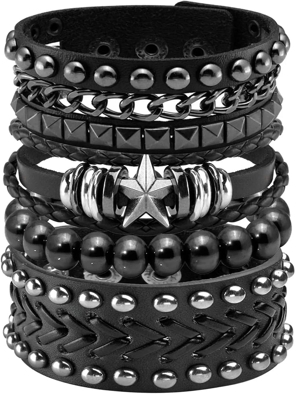 Eigso Black Leather Punk Bracelet Set for Men Women Classic Vintgae Studded Spikes 80s Cuff Bracelets for Man Woman