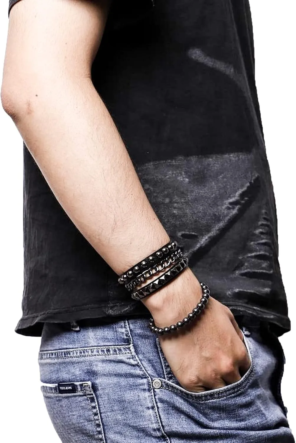 Eigso Black Leather Punk Bracelet Set for Men Women Classic Vintgae Studded Spikes 80s Cuff Bracelets for Man Woman