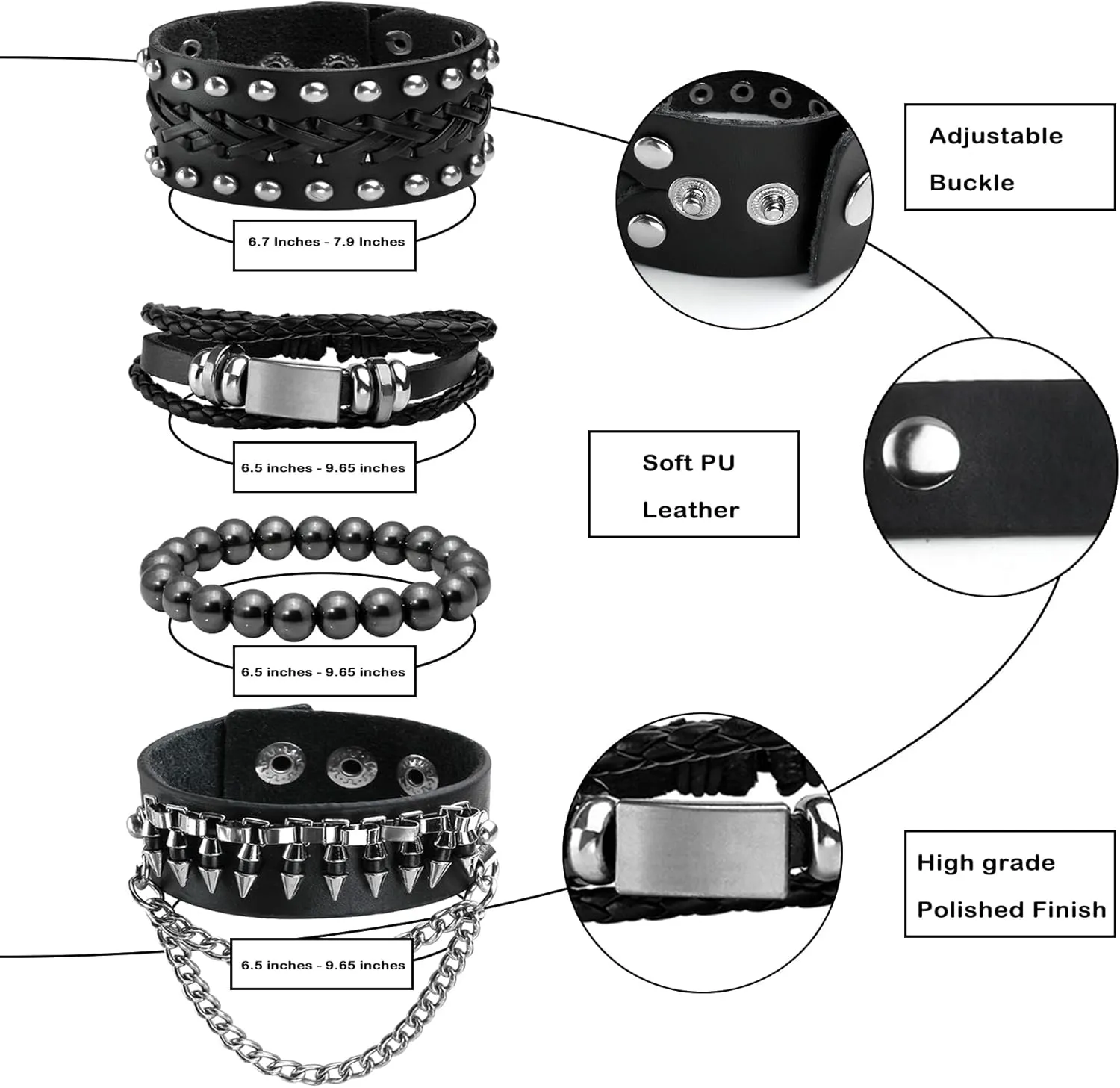 Eigso Punk Leather Studded Bracelets for Men Women Classic Retro 80s Spikes Rivets Cuff Wristbands for Man Woman