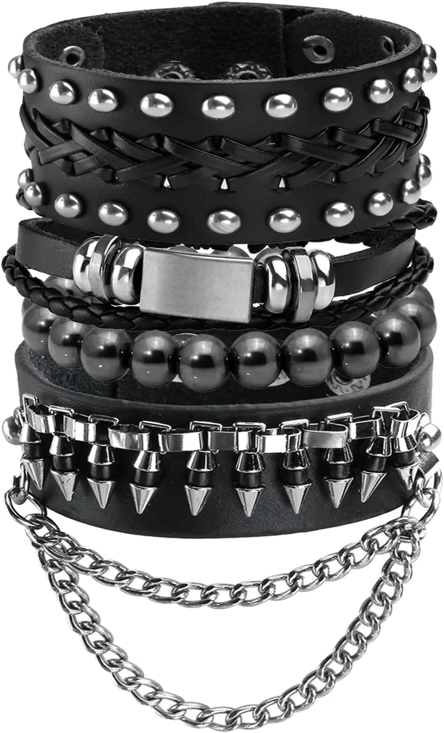 Eigso Punk Leather Studded Bracelets for Men Women Classic Retro 80s Spikes Rivets Cuff Wristbands for Man Woman