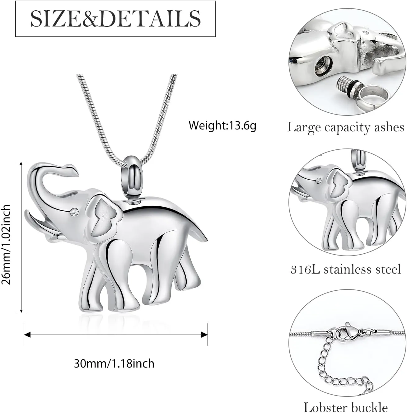 Elephant Urn Necklace for Ashes Animal Cremation Jewelry for Women Men Stainless Steel Memorial Necklaces Ash Holder for Human Pets Keepsake Jewelry for Loved Ones with Fill Tool