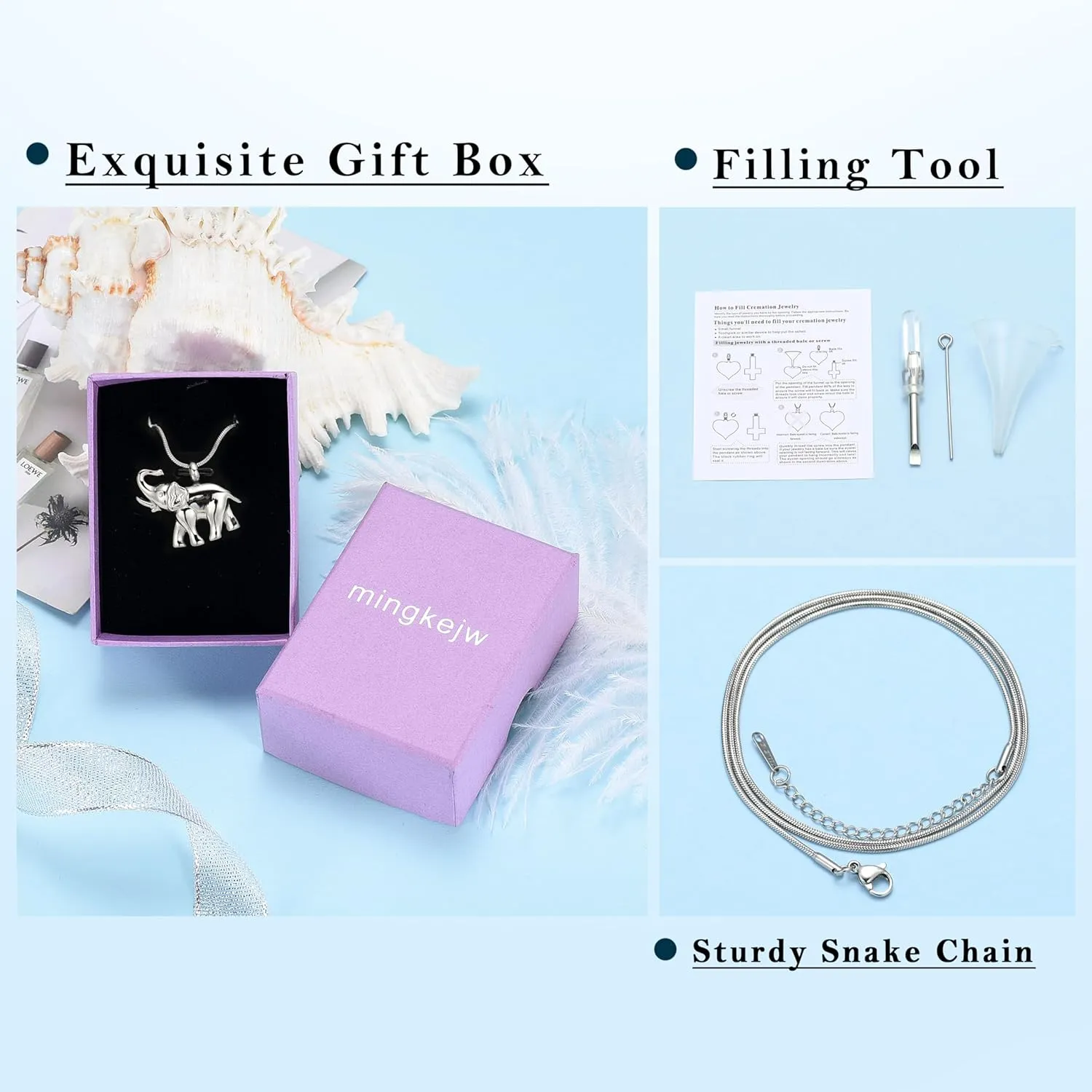 Elephant Urn Necklace for Ashes Animal Cremation Jewelry for Women Men Stainless Steel Memorial Necklaces Ash Holder for Human Pets Keepsake Jewelry for Loved Ones with Fill Tool