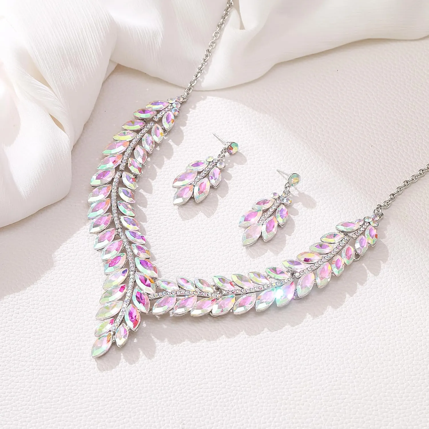 EleQueen Wedding Full Crystal Dangle Earrings Necklace Set for Women, Marquise Rhinestone Bridal Jewelry Set for Brides Bridesmaid