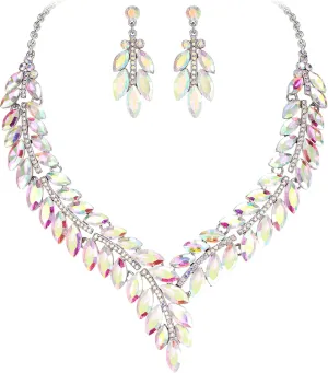 EleQueen Wedding Full Crystal Dangle Earrings Necklace Set for Women, Marquise Rhinestone Bridal Jewelry Set for Brides Bridesmaid