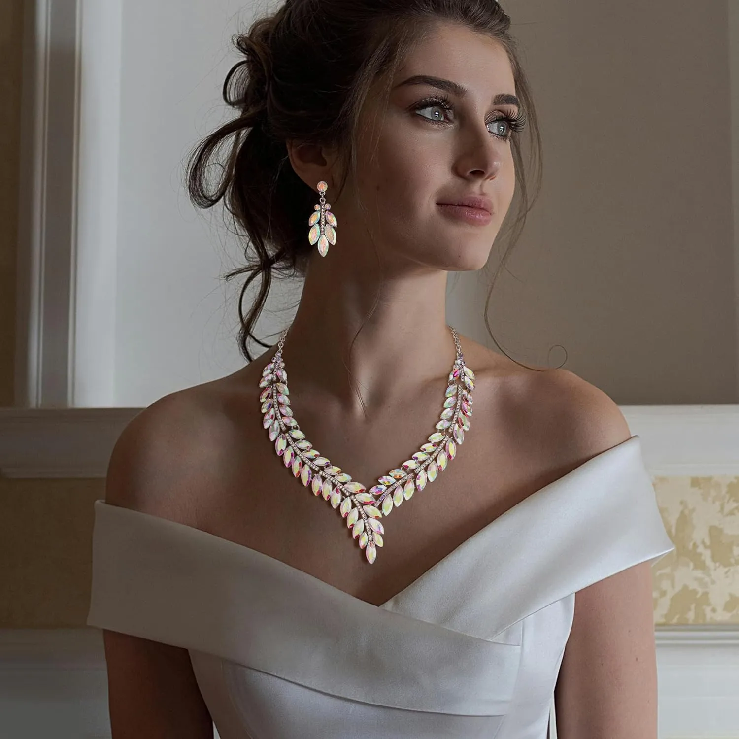 EleQueen Wedding Full Crystal Dangle Earrings Necklace Set for Women, Marquise Rhinestone Bridal Jewelry Set for Brides Bridesmaid