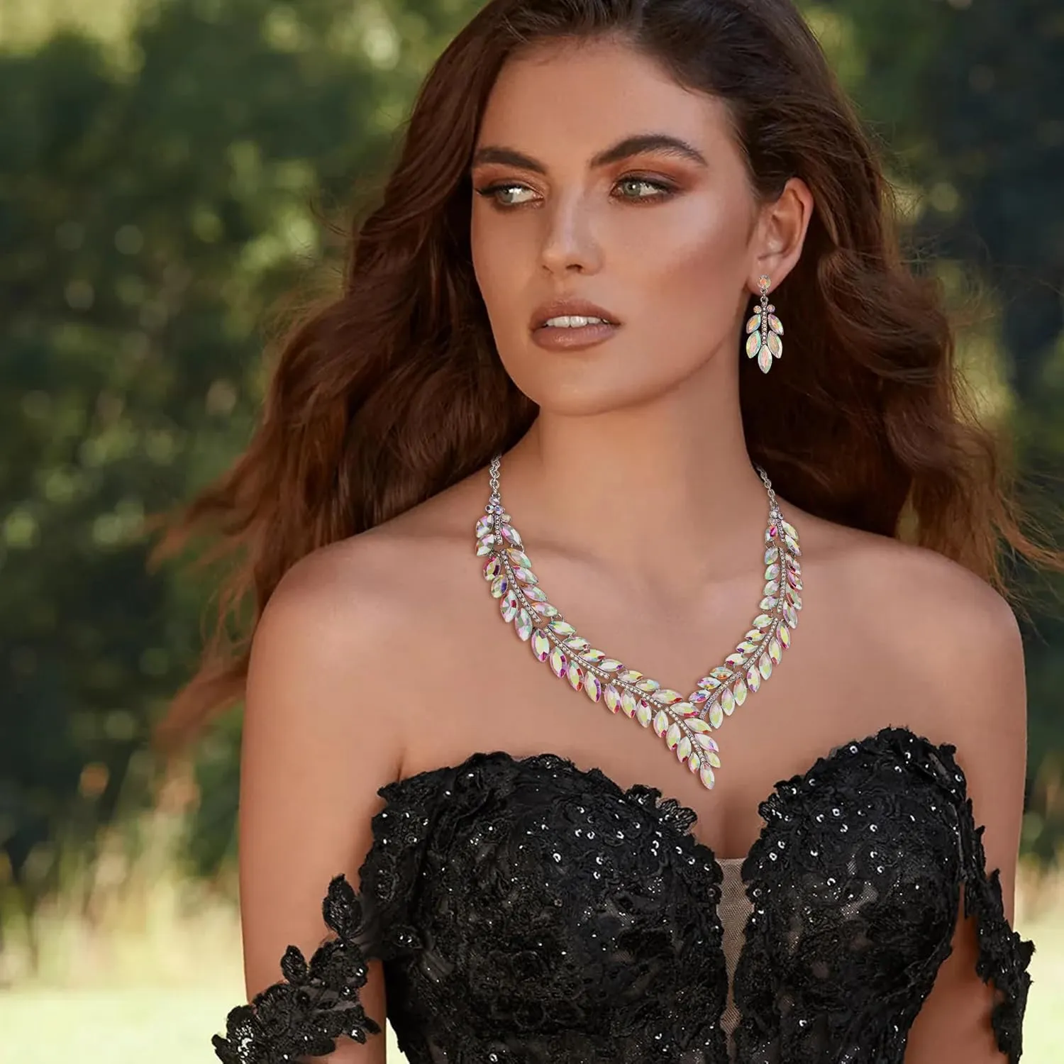 EleQueen Wedding Full Crystal Dangle Earrings Necklace Set for Women, Marquise Rhinestone Bridal Jewelry Set for Brides Bridesmaid