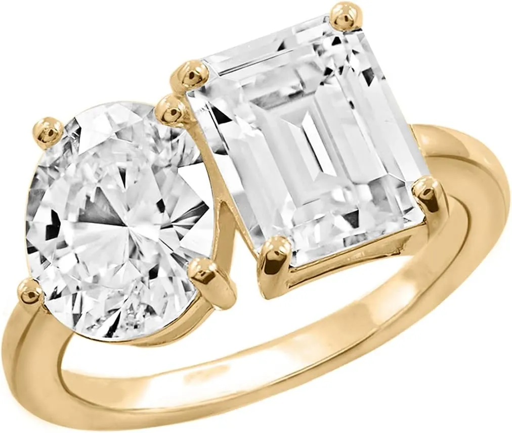 Emerald & Oval Cut Toi et Moi Ring for Women 14K Yellow Gold, Platinum Plated 925 Sterling Silver Engagement Cocktail Double Stone Ring Band | Cubic Zirconia CZ Simulated Diamond