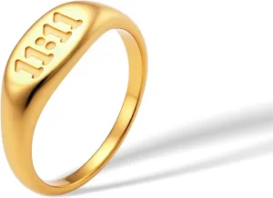 Engraved 1111 Angel Number Oval Signet Band Ring for Women Men, 14k Gold Plated Titanium and Stainless Steel Sync with the Universe Statement Rings