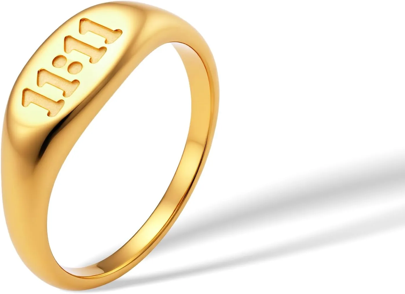 Engraved 1111 Angel Number Oval Signet Band Ring for Women Men, 14k Gold Plated Titanium and Stainless Steel Sync with the Universe Statement Rings
