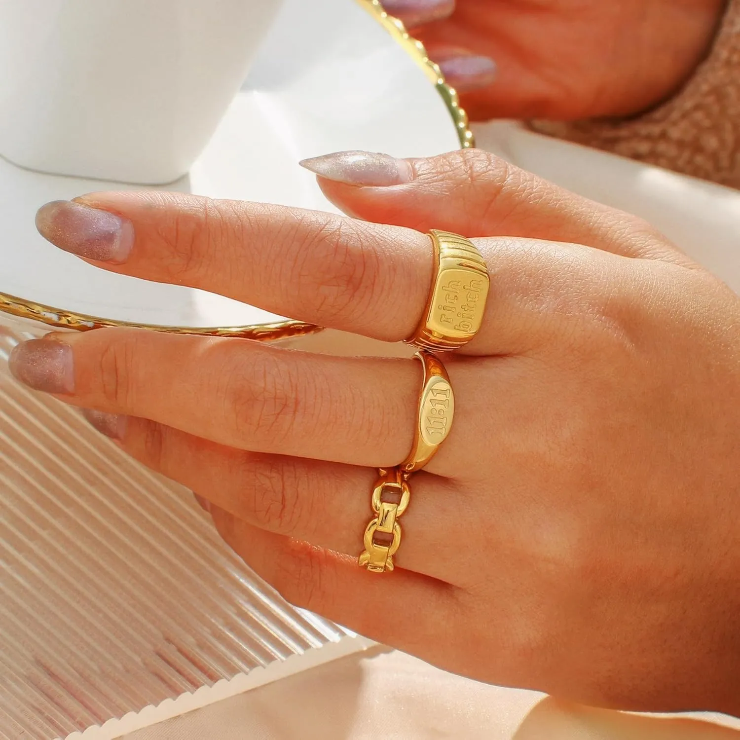 Engraved 1111 Angel Number Oval Signet Band Ring for Women Men, 14k Gold Plated Titanium and Stainless Steel Sync with the Universe Statement Rings