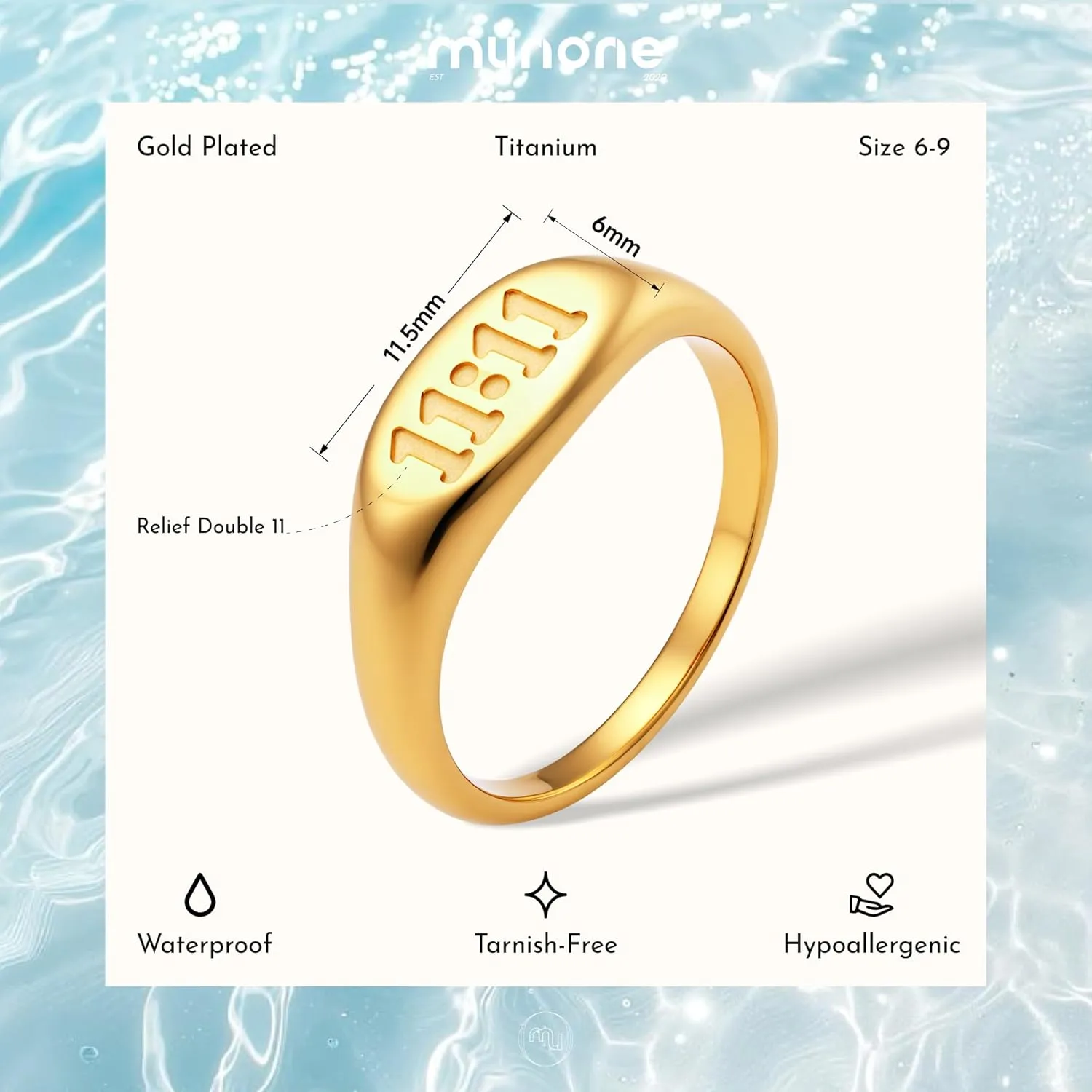 Engraved 1111 Angel Number Oval Signet Band Ring for Women Men, 14k Gold Plated Titanium and Stainless Steel Sync with the Universe Statement Rings