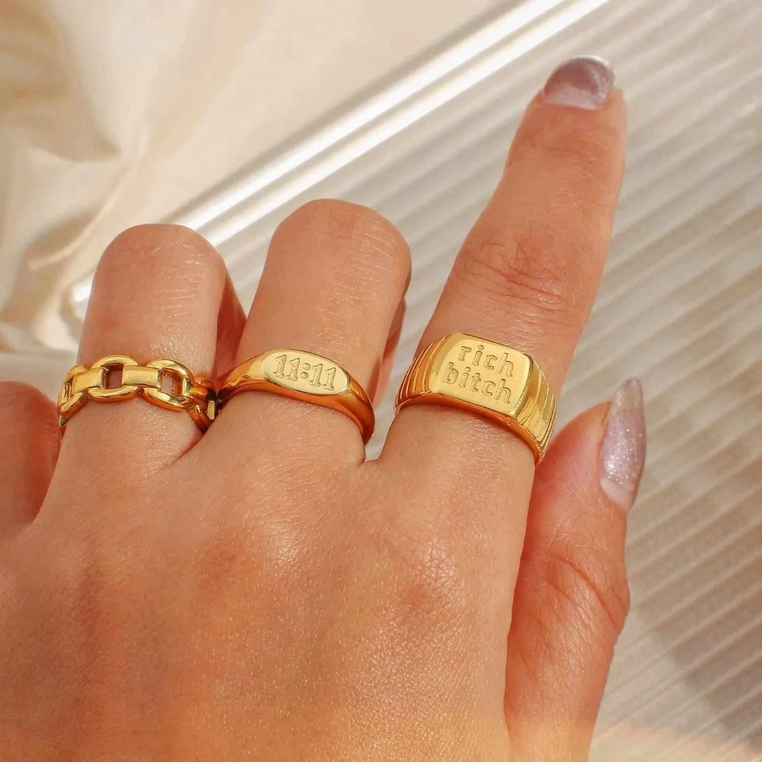 Engraved 1111 Angel Number Oval Signet Band Ring for Women Men, 14k Gold Plated Titanium and Stainless Steel Sync with the Universe Statement Rings