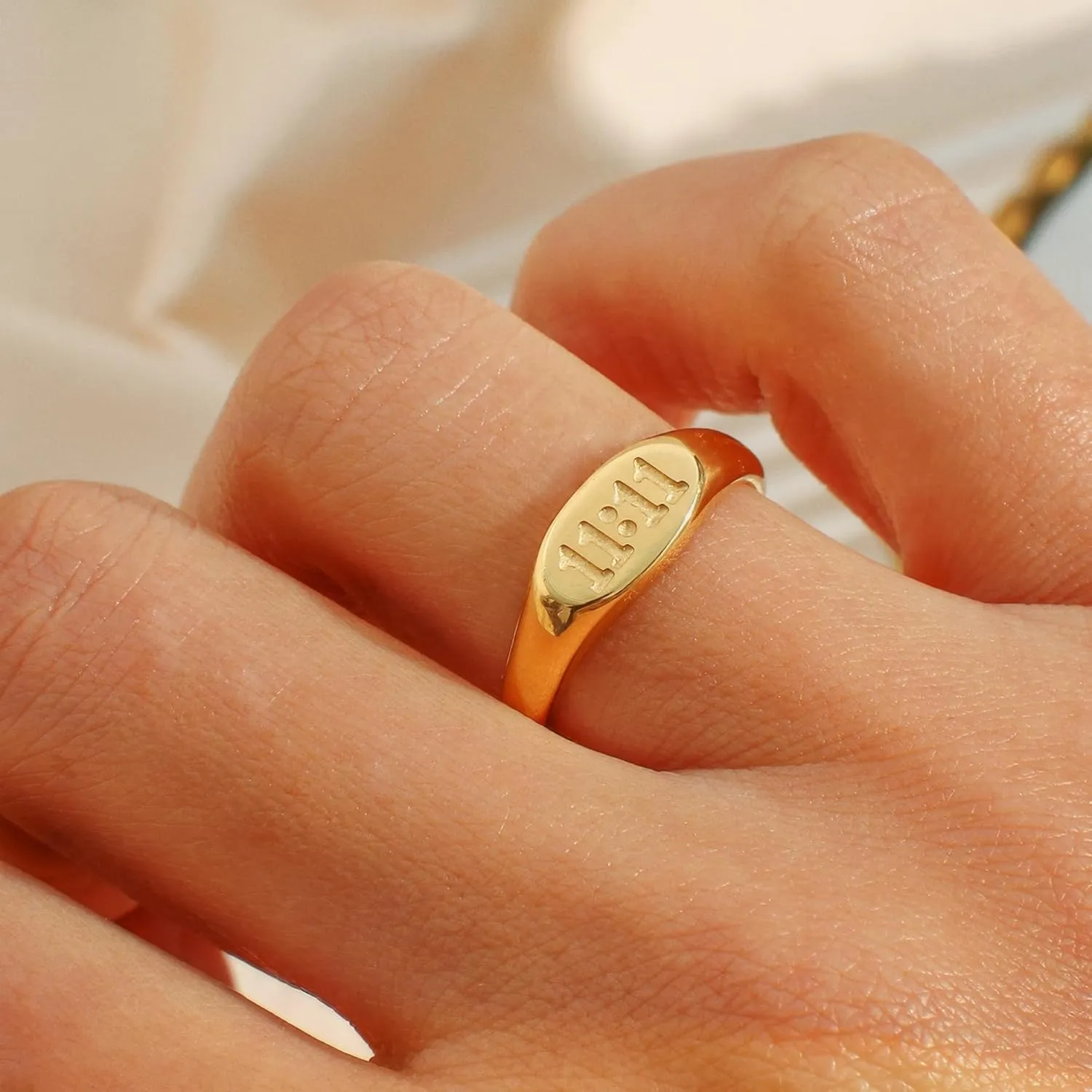 Engraved 1111 Angel Number Oval Signet Band Ring for Women Men, 14k Gold Plated Titanium and Stainless Steel Sync with the Universe Statement Rings