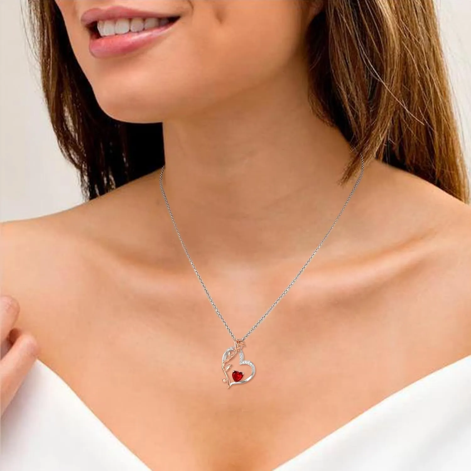 EVER FAITH 925 Sterling Silver Rose Flower Heart Necklace for Women, Cubic Zirconia Birthstone Pendant Necklaces Valentines/Mothers Day/Anniversary/Birthday/Christmas Fine Jewelry Gifts for Her