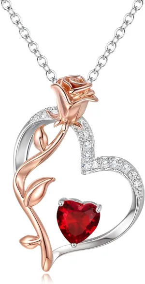 EVER FAITH 925 Sterling Silver Rose Flower Heart Necklace for Women, Cubic Zirconia Birthstone Pendant Necklaces Valentines/Mothers Day/Anniversary/Birthday/Christmas Fine Jewelry Gifts for Her