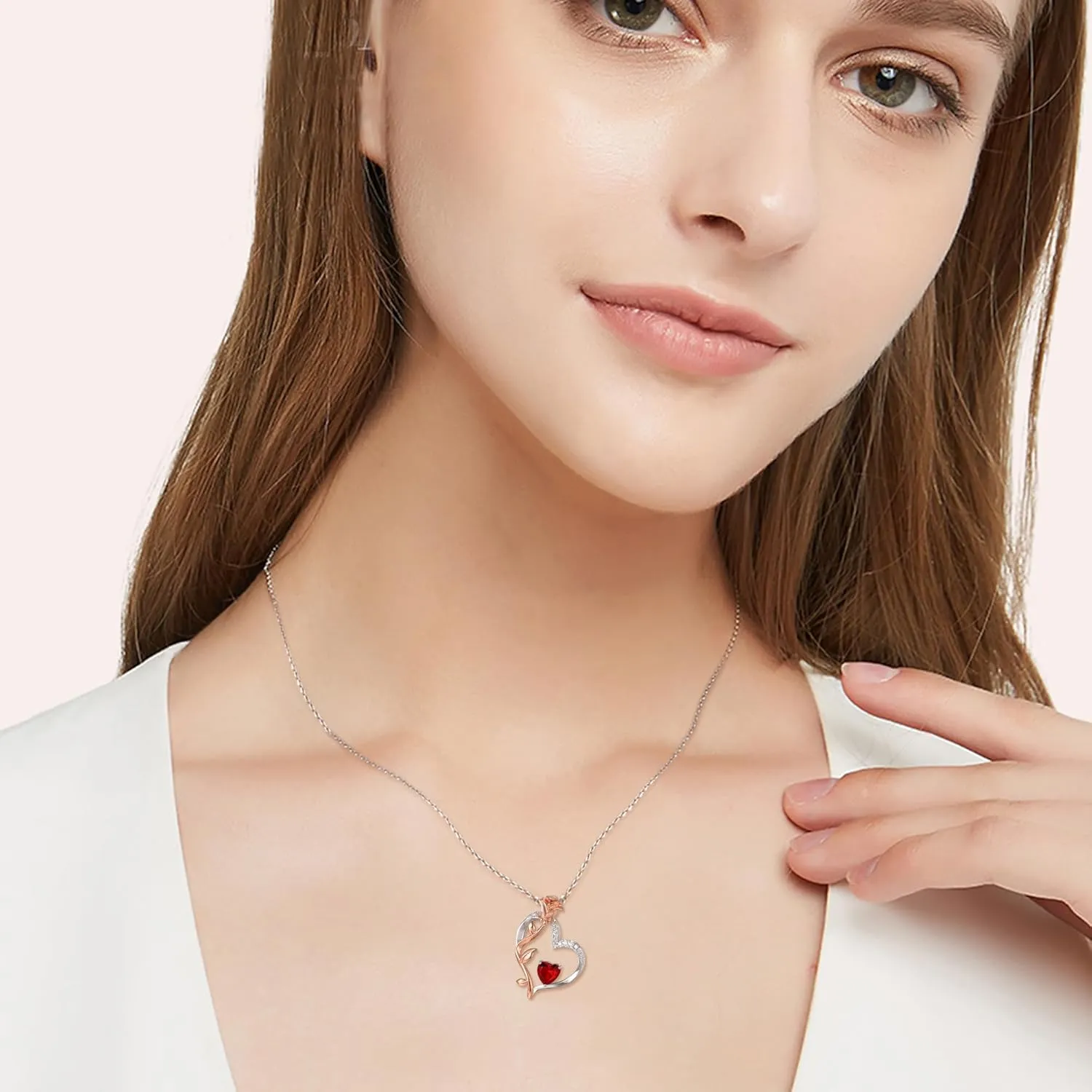 EVER FAITH 925 Sterling Silver Rose Flower Heart Necklace for Women, Cubic Zirconia Birthstone Pendant Necklaces Valentines/Mothers Day/Anniversary/Birthday/Christmas Fine Jewelry Gifts for Her