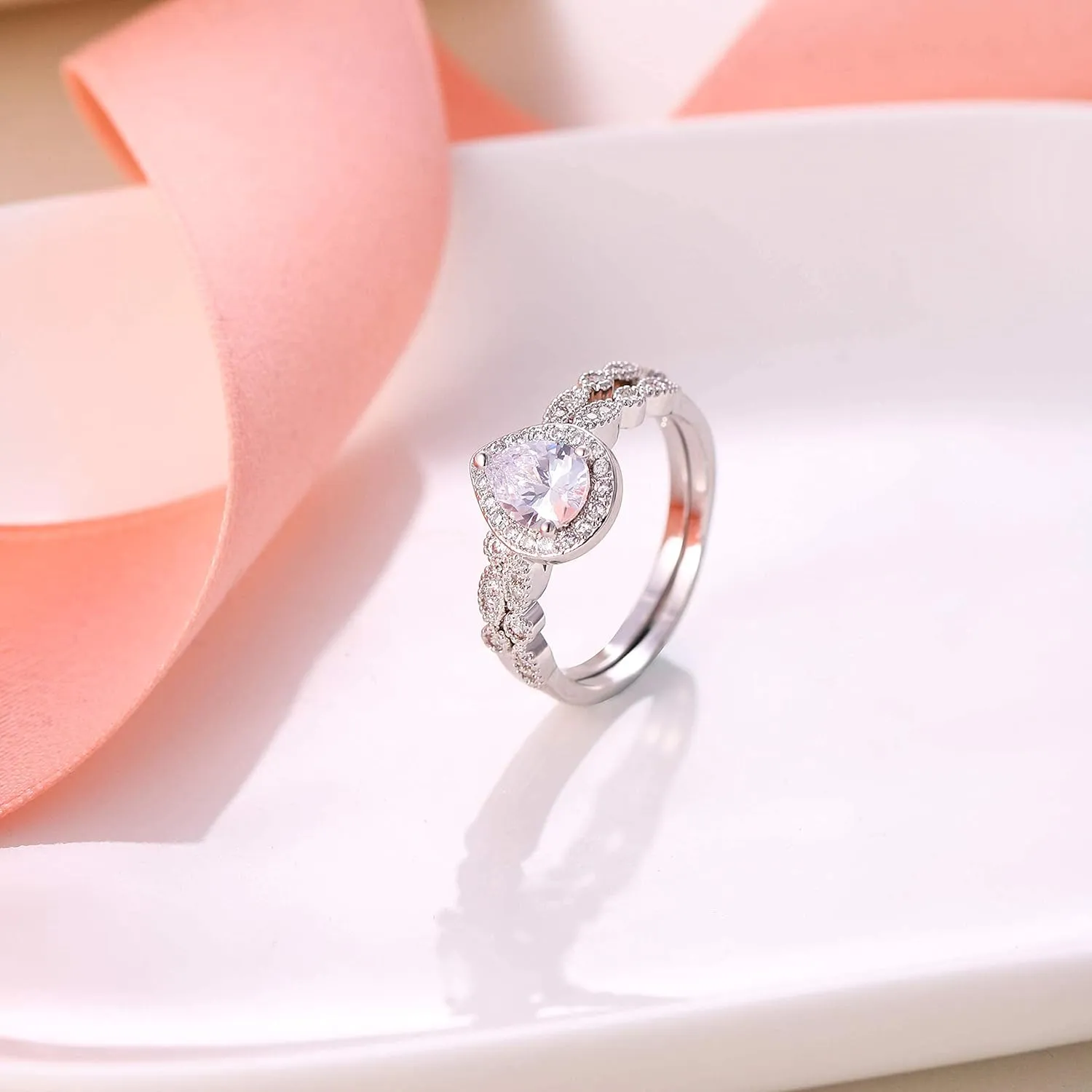 EVER FAITH Gorgeous Cubic Zirconia Bridal Prom Bands for Women, Engagement Teardrop Pear/Round/Heart Shaped Ring Set Wedding Promise Rings for Her