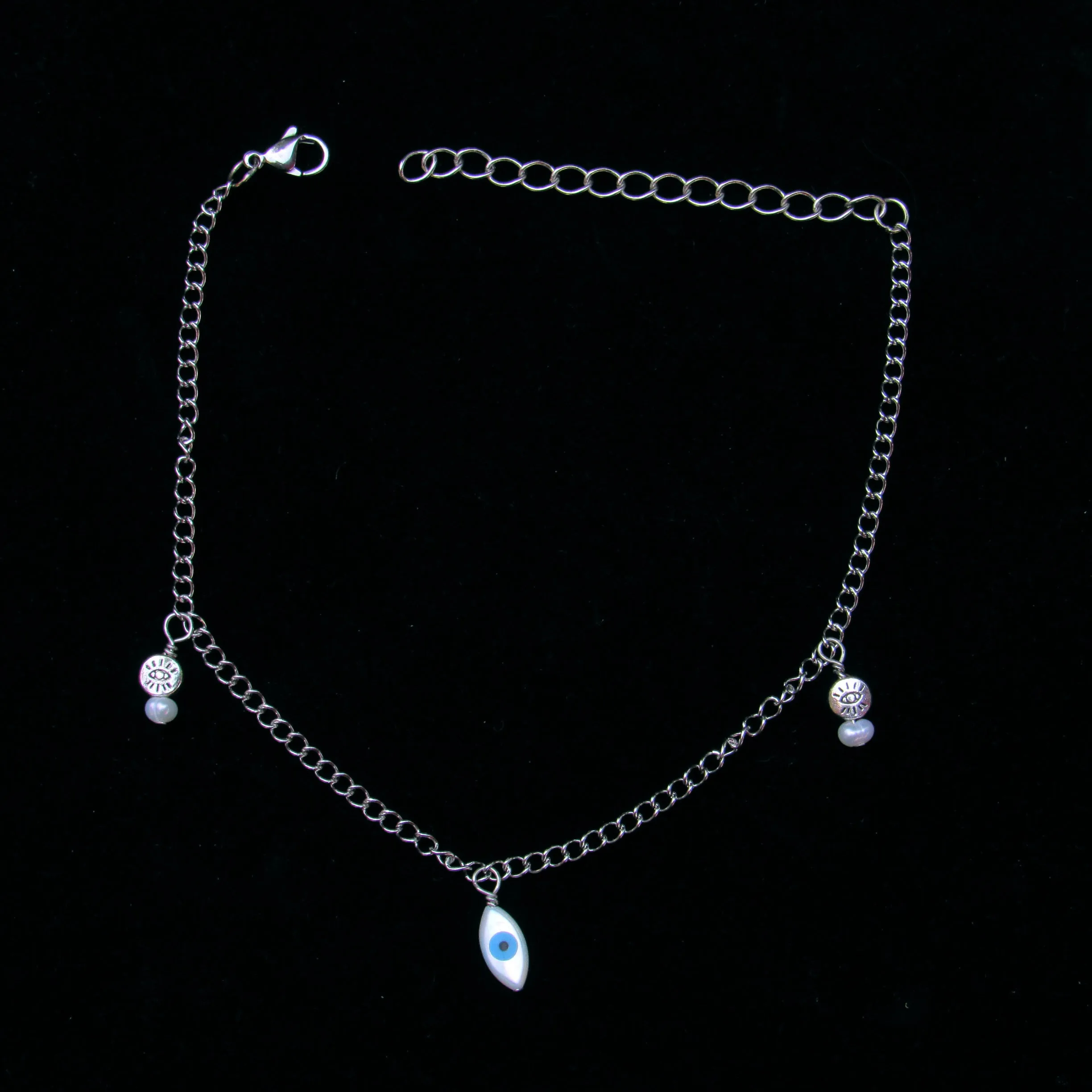 Evil Eye pearl and steel chain Anklet
