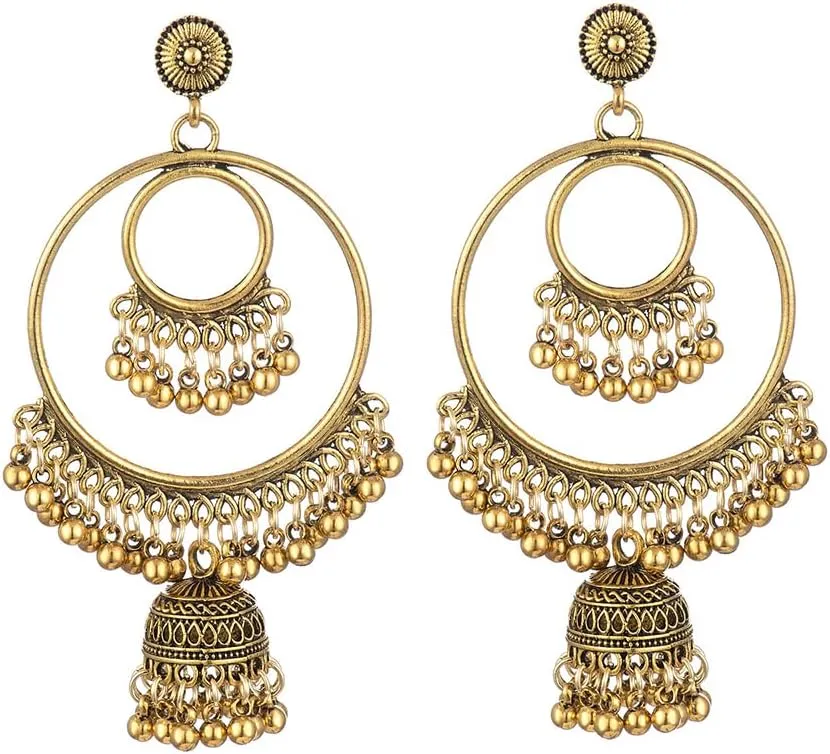 Exaggerate Hollow Circle Bali Bead Tassel Dangle Drop Earrings for Women Boho Retro Indian Jhumki Bell Lightweight Dangling Round Disc Stud Hypoallergenic Fashion Jewelry Gifts