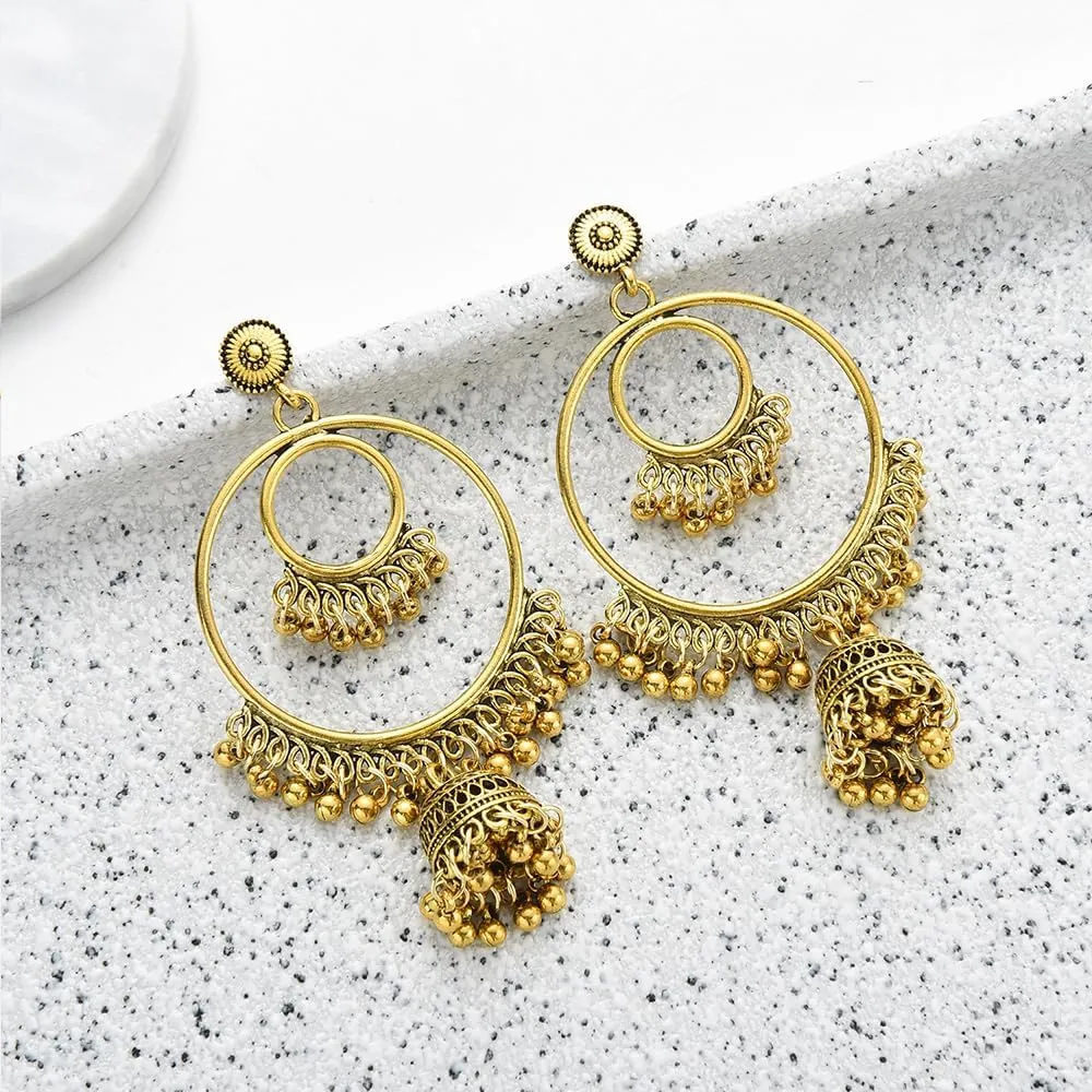 Exaggerate Hollow Circle Bali Bead Tassel Dangle Drop Earrings for Women Boho Retro Indian Jhumki Bell Lightweight Dangling Round Disc Stud Hypoallergenic Fashion Jewelry Gifts