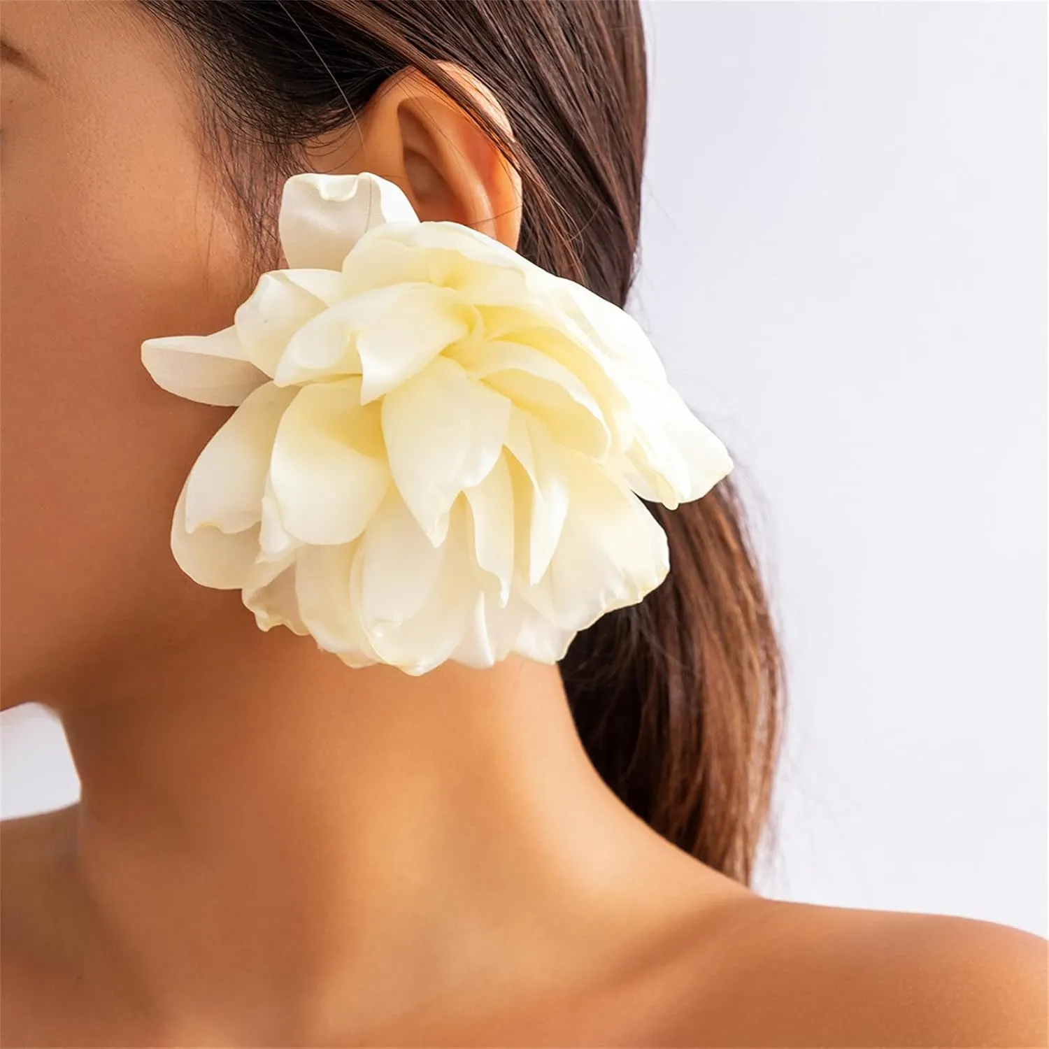 Exaggerated Satin Large Rose Camellia Flower Earrings - Fluffy Fabric Bohemian Floral Statement Earrings for Romantic Party Wedding Occasions