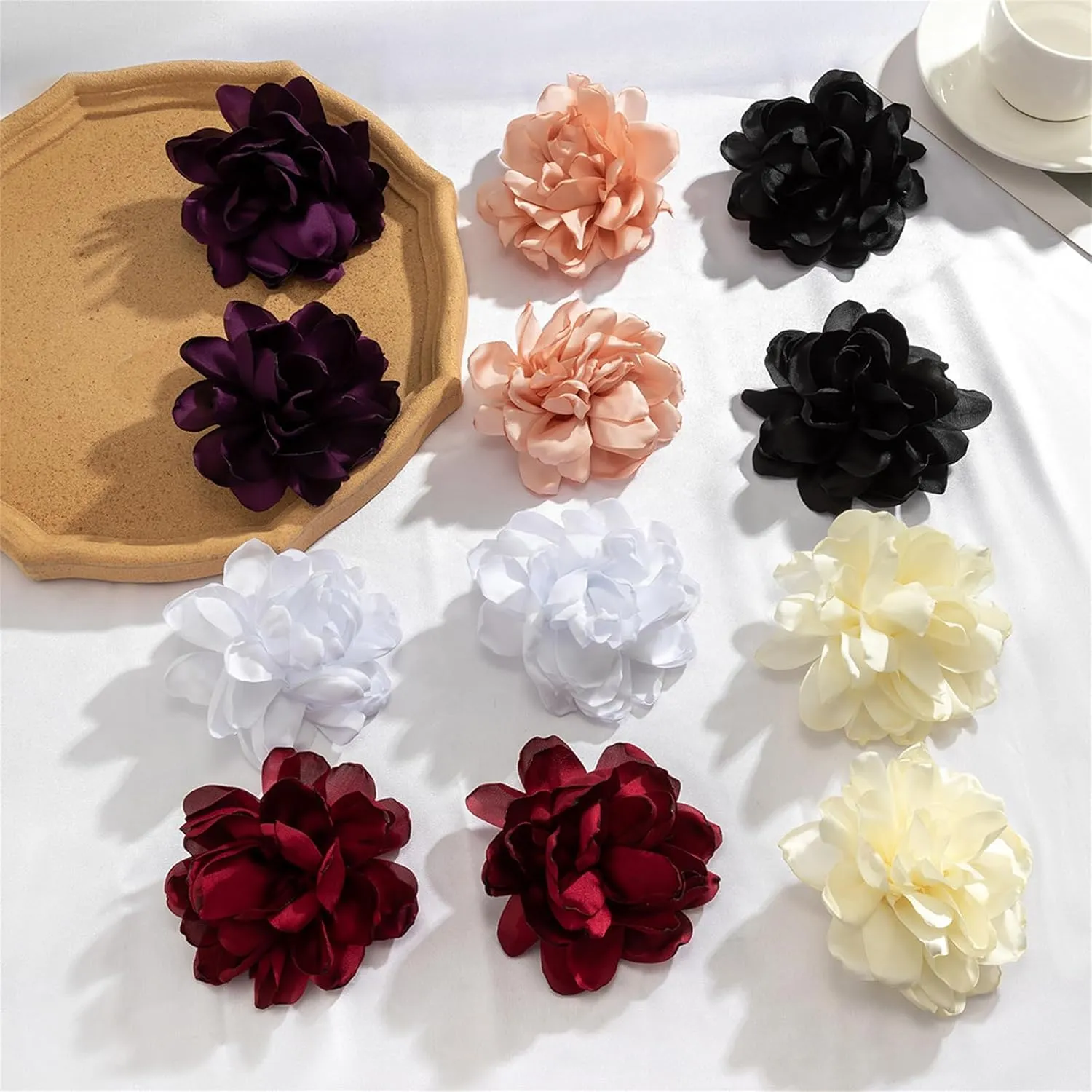 Exaggerated Satin Large Rose Camellia Flower Earrings - Fluffy Fabric Bohemian Floral Statement Earrings for Romantic Party Wedding Occasions