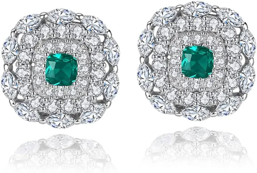 Exclusive Emerald Gem with Zircons Inlaid S925 Silver Stud Earrings Minimalist Fashion OL Silver Stud Earrings Jewelry Gift for Women