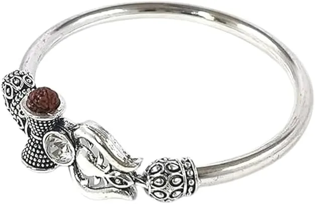 Export Store Spiritual Silver Plated Alloy Rudraksha Shiv Trishul Damroo Om Kada for Men. Adjustable Free Size Cuff Bracelets for Men & Women. (Pack Of 1)