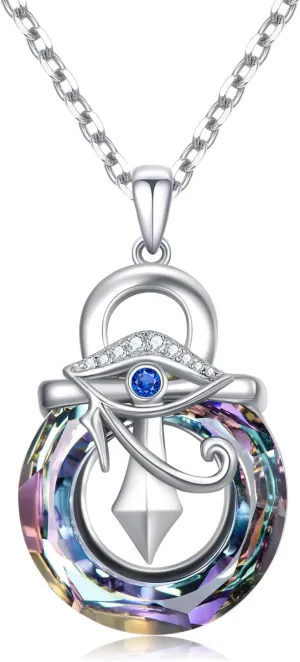 Eye of Horus Necklace for Women 925 Sterling Silver Ankh Cross Necklaces Egyptian Eye Crystal Pendant Religious Jewelry Birthday Mother's Day Gifts for Her Women Mom Wife Daughter