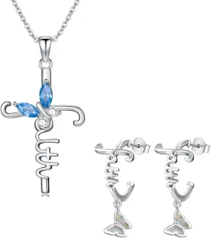 Faith Cross Necklace Earrings Jewelry Set for Women 925 Sterling Silver Butterfly Pendant Necklaces Opal Studs Earring Religious Jewelry Birthday Gifts for Girls Girlfriend Wife Mom Daughter