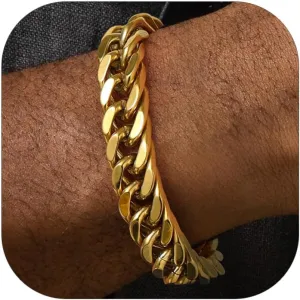 FaithHeart Stainless Steel Cuban Link Bracelet for Men, Gold Plated/Black/Silver Mens Chain Bracelet 8/12/17mm Width, 7.5/8.3/9.1 Inch Length Sturdy Wrist Bracelets Hip Hop Jewelry, with Gift Box