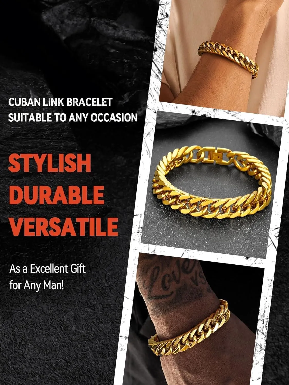 FaithHeart Stainless Steel Cuban Link Bracelet for Men, Gold Plated/Black/Silver Mens Chain Bracelet 8/12/17mm Width, 7.5/8.3/9.1 Inch Length Sturdy Wrist Bracelets Hip Hop Jewelry, with Gift Box