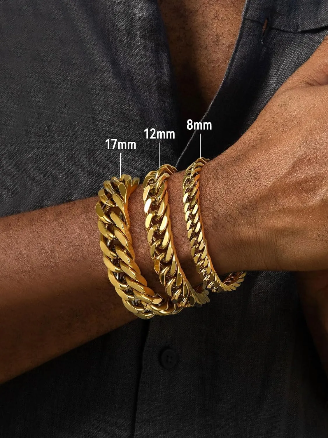 FaithHeart Stainless Steel Cuban Link Bracelet for Men, Gold Plated/Black/Silver Mens Chain Bracelet 8/12/17mm Width, 7.5/8.3/9.1 Inch Length Sturdy Wrist Bracelets Hip Hop Jewelry, with Gift Box