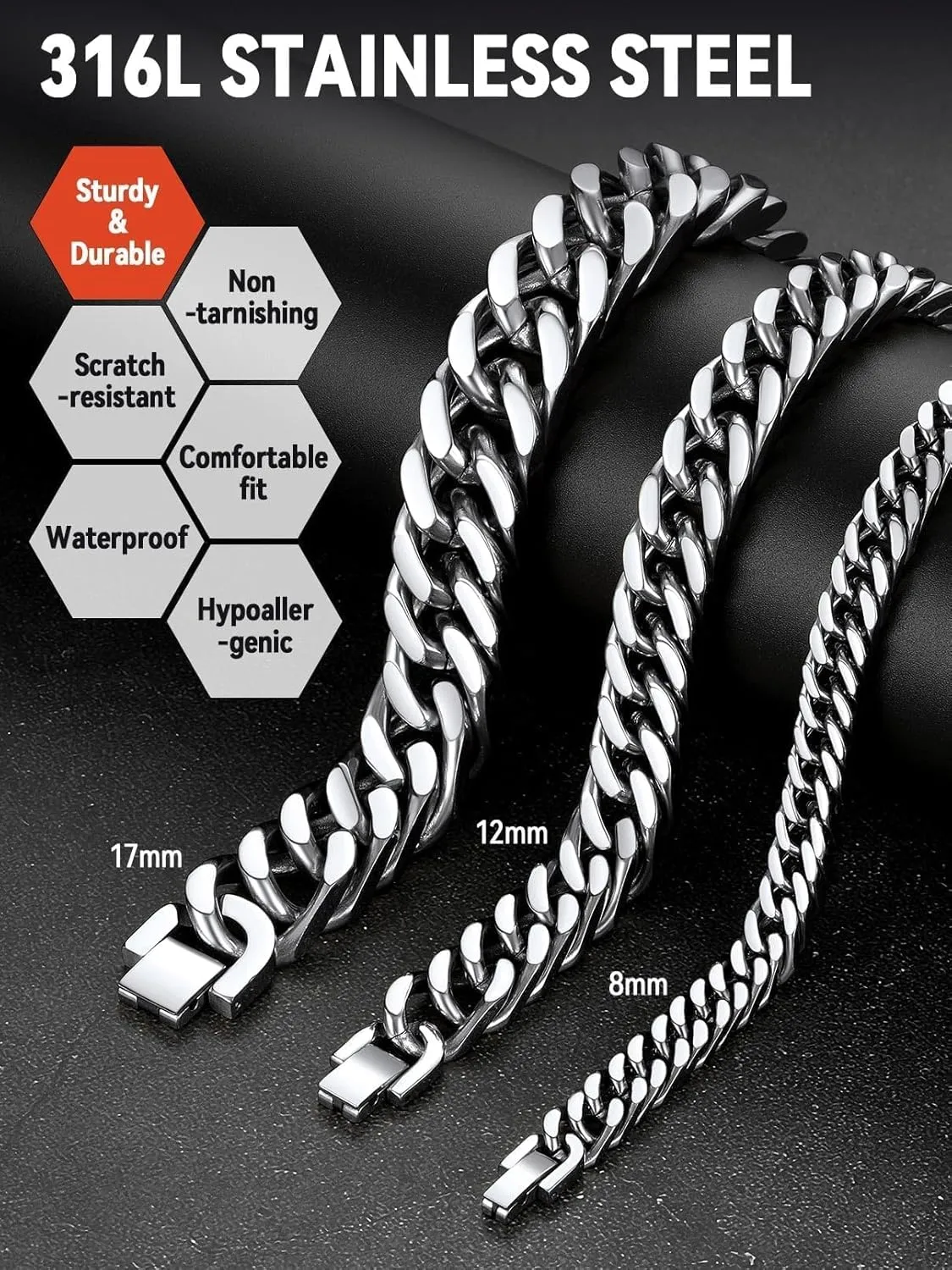 FaithHeart Stainless Steel Cuban Link Bracelet for Men, Gold Plated/Black/Silver Mens Chain Bracelet 8/12/17mm Width, 7.5/8.3/9.1 Inch Length Sturdy Wrist Bracelets Hip Hop Jewelry, with Gift Box