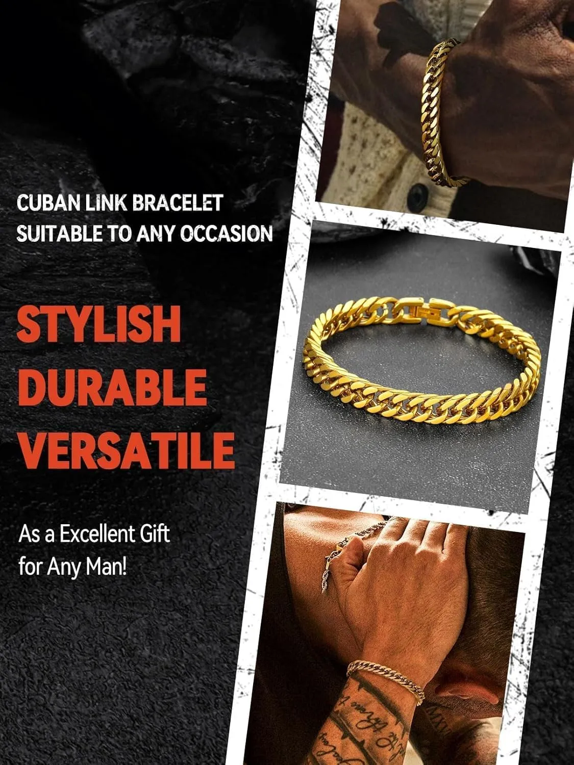 FaithHeart Stainless Steel Cuban Link Bracelet for Men, Gold Plated/Black/Silver Mens Chain Bracelet 8/12/17mm Width, 7.5/8.3/9.1 Inch Length Sturdy Wrist Bracelets Hip Hop Jewelry, with Gift Box