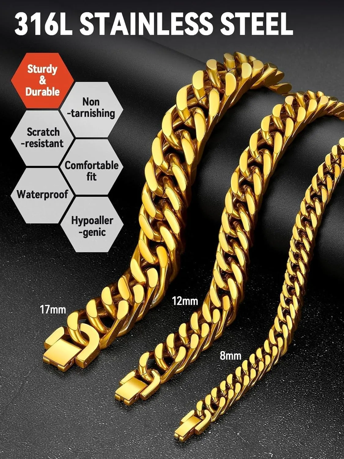 FaithHeart Stainless Steel Cuban Link Bracelet for Men, Gold Plated/Black/Silver Mens Chain Bracelet 8/12/17mm Width, 7.5/8.3/9.1 Inch Length Sturdy Wrist Bracelets Hip Hop Jewelry, with Gift Box