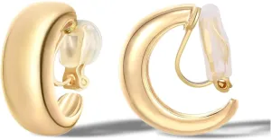 FAN&LOUIS Gold Clip On Hoop Earrings,14K Gold Plated Chunky Gold Small Huggie Hoops Clip-On Earrings for WomenSmall Wide Round Hoop Clip On Earrings