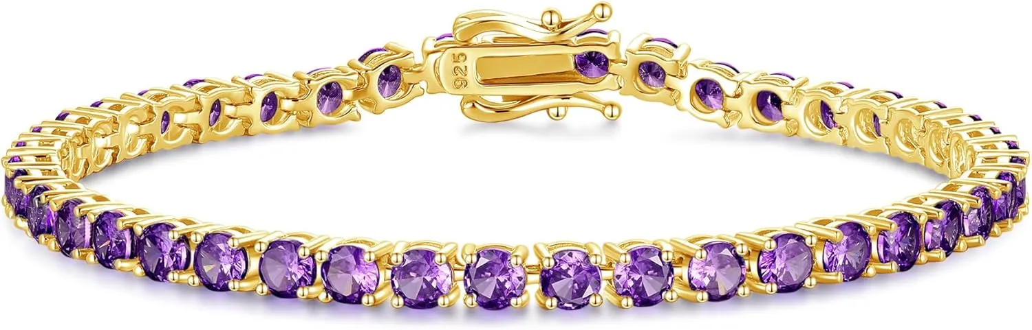 FANCIME Amethyst Bracelet Gold Tennis Bracelets February Birthstone Sterling Silver Fine Jewelry Wedding Bridal Prom Birthday Gift for Women Her, Length 7.9 Inch Width 4mm