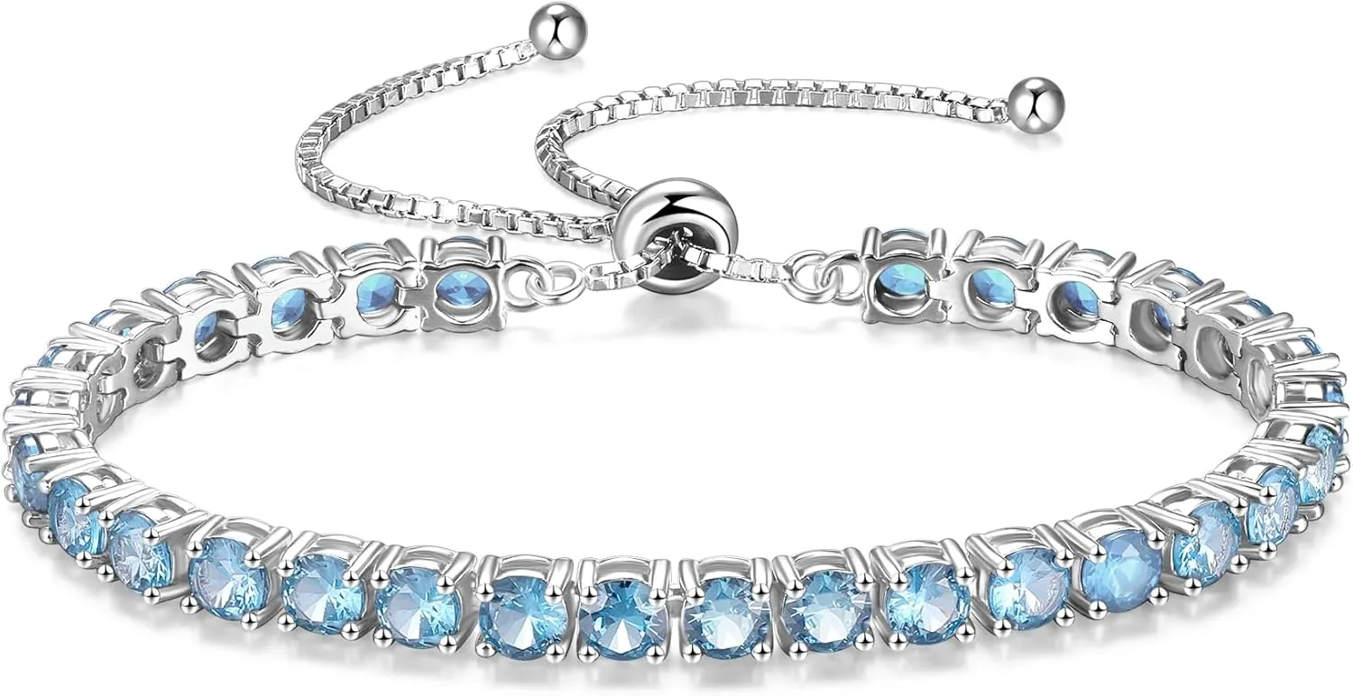 FANCIME Birthstone Bracelet Jewelry for Women Sterling Silver Tennis Bracelet Classic Bolo Adjustable Chain Fine Jewelry Anniversary Birthday Gifts for Women Mom Wife Her