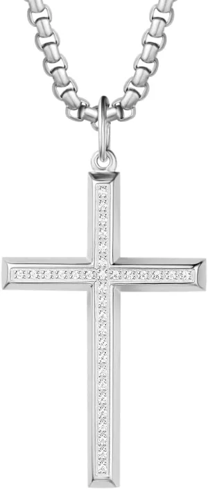 FANCIME Silver Mens Womens Cross Necklaces Sterling Silver Cross Pendant Polished Big Pave White CZ Long Fine Jewelry Valentines Day Gifts for Him,Strong Stainless Steel Box Chain Length 24'