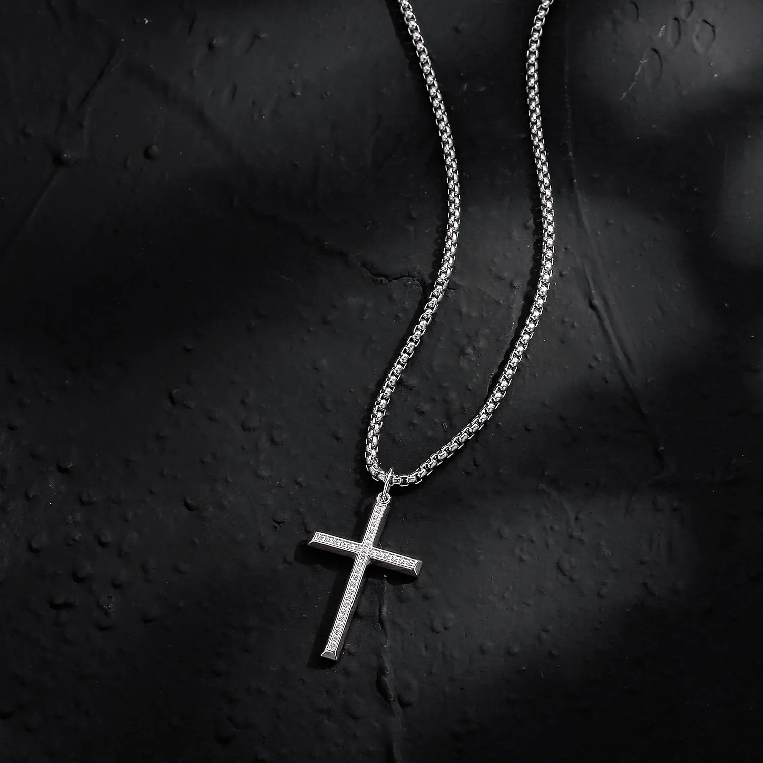 FANCIME Silver Mens Womens Cross Necklaces Sterling Silver Cross Pendant Polished Big Pave White CZ Long Fine Jewelry Valentines Day Gifts for Him,Strong Stainless Steel Box Chain Length 24'