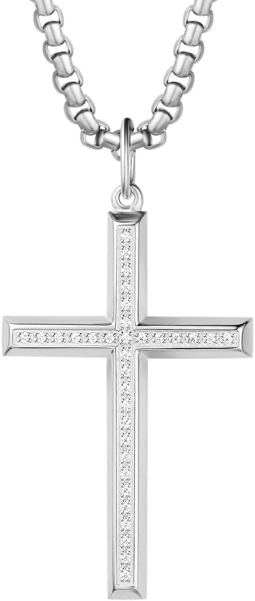 FANCIME Silver Mens Womens Cross Necklaces Sterling Silver Cross Pendant Polished Big Pave White CZ Long Fine Jewelry Valentines Day Gifts for Him,Strong Stainless Steel Box Chain Length 24'
