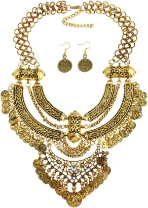 Fashion Bib Bohemian Statement Necklace and Earrings Punk Ethnic Style Jewelry Set for Women