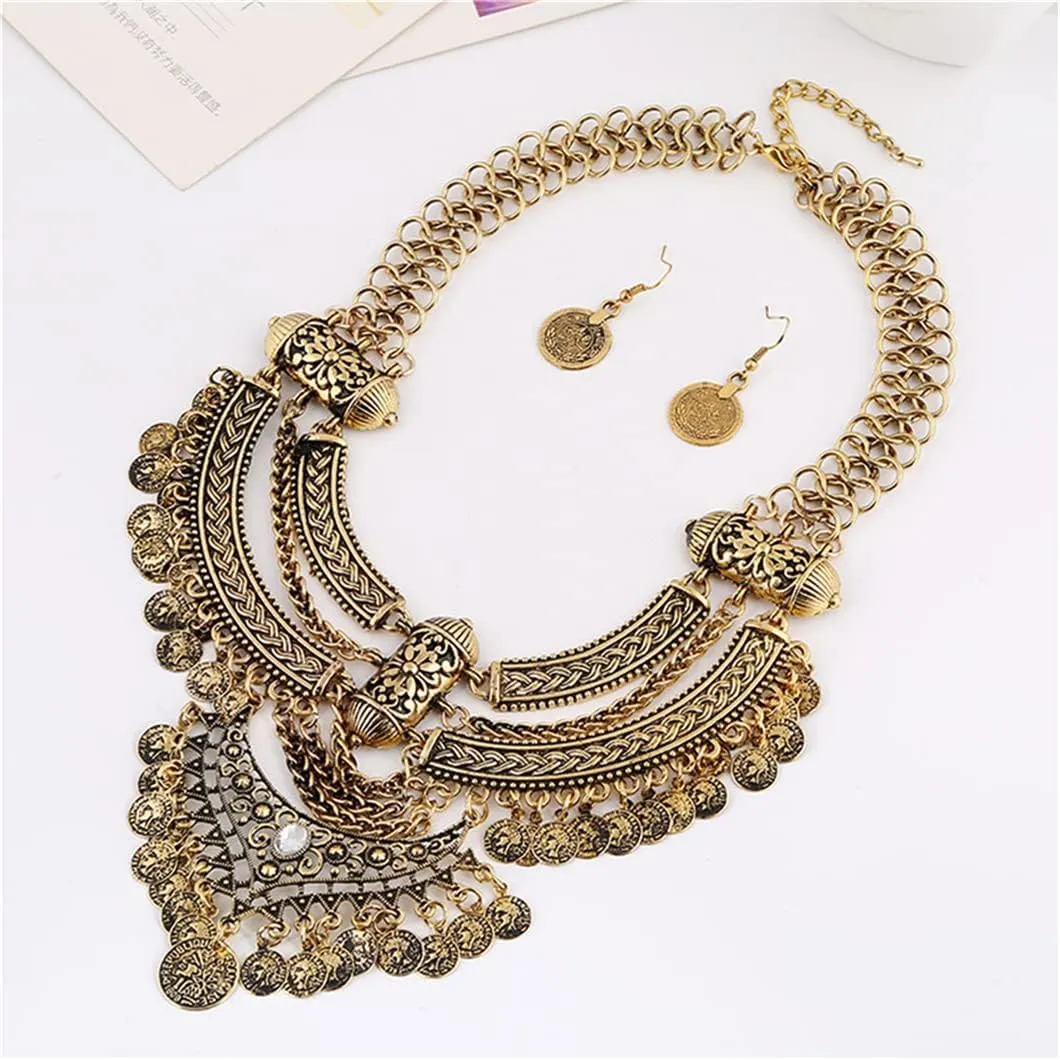 Fashion Bib Bohemian Statement Necklace and Earrings Punk Ethnic Style Jewelry Set for Women