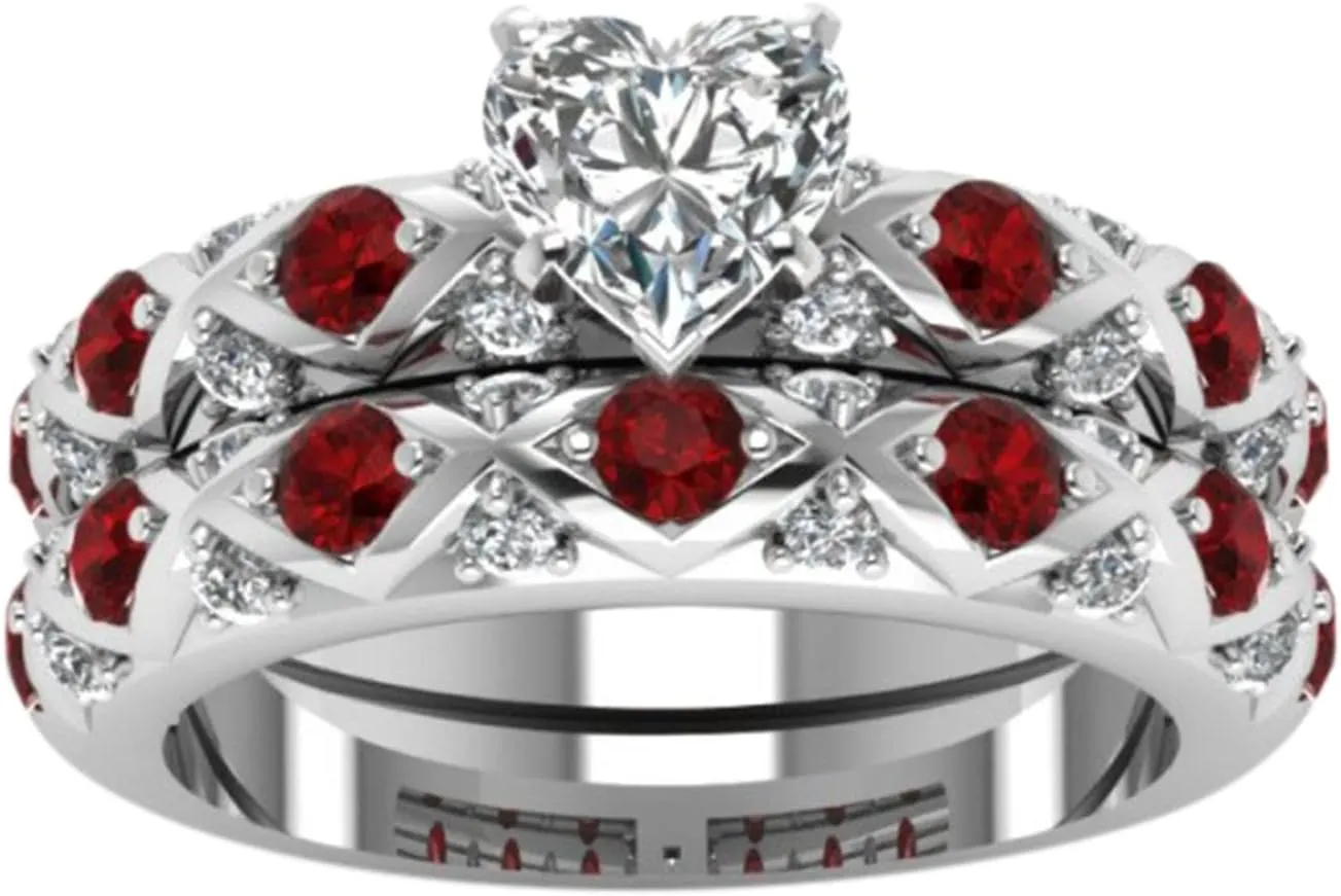 Fashion Rings for Women Size 8 Full Heart Inlaid Diamonds Diamonds European Ring Couple and Pattern Zircon Micro-Inlaid American Peach Rings (RED, 5)