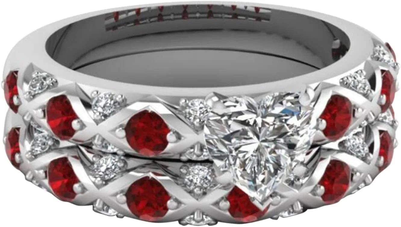 Fashion Rings for Women Size 8 Full Heart Inlaid Diamonds Diamonds European Ring Couple and Pattern Zircon Micro-Inlaid American Peach Rings (RED, 5)