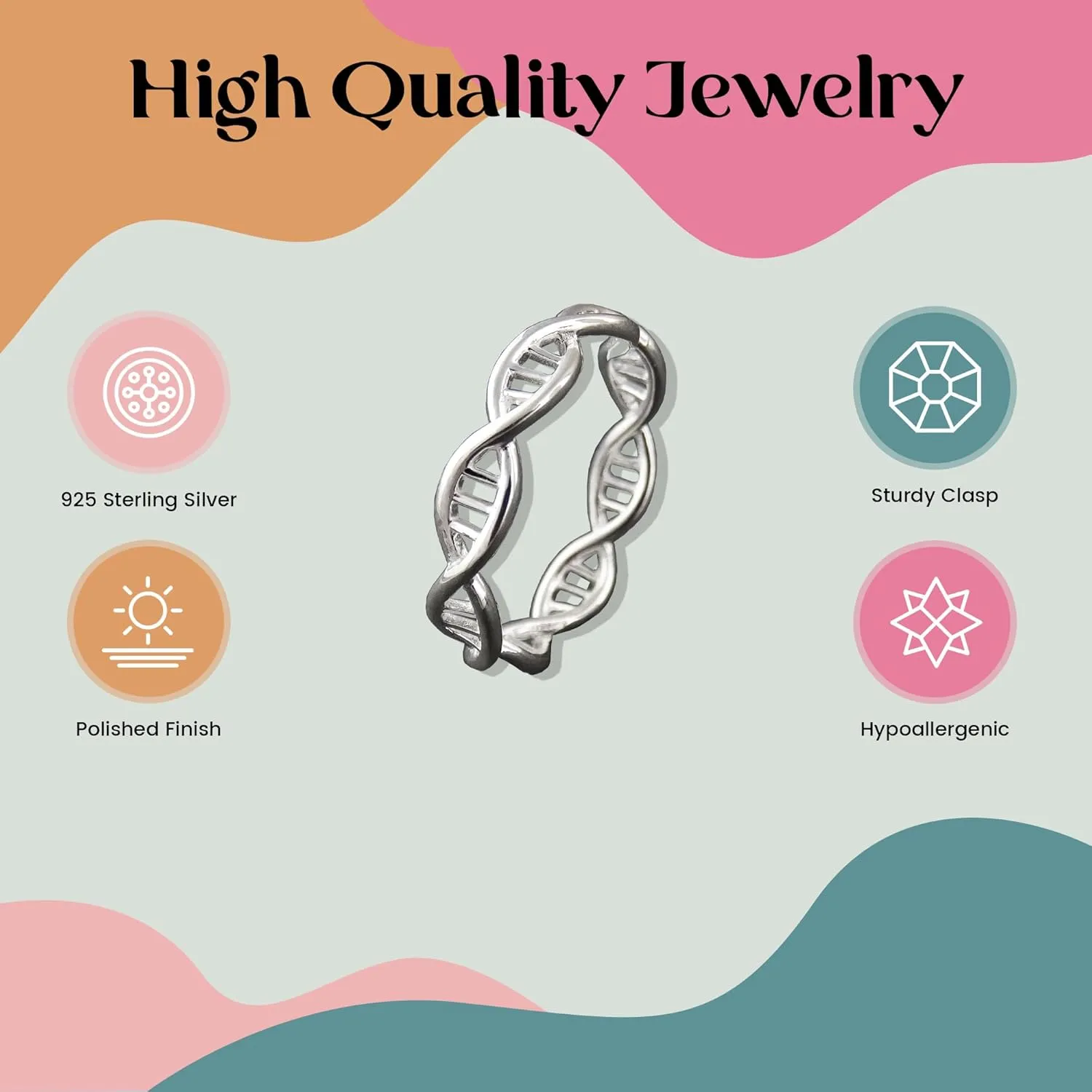 FashionJunkie4Life Sterling Silver DNA Molecule Double Helix Ring Band, Sizes 6-10