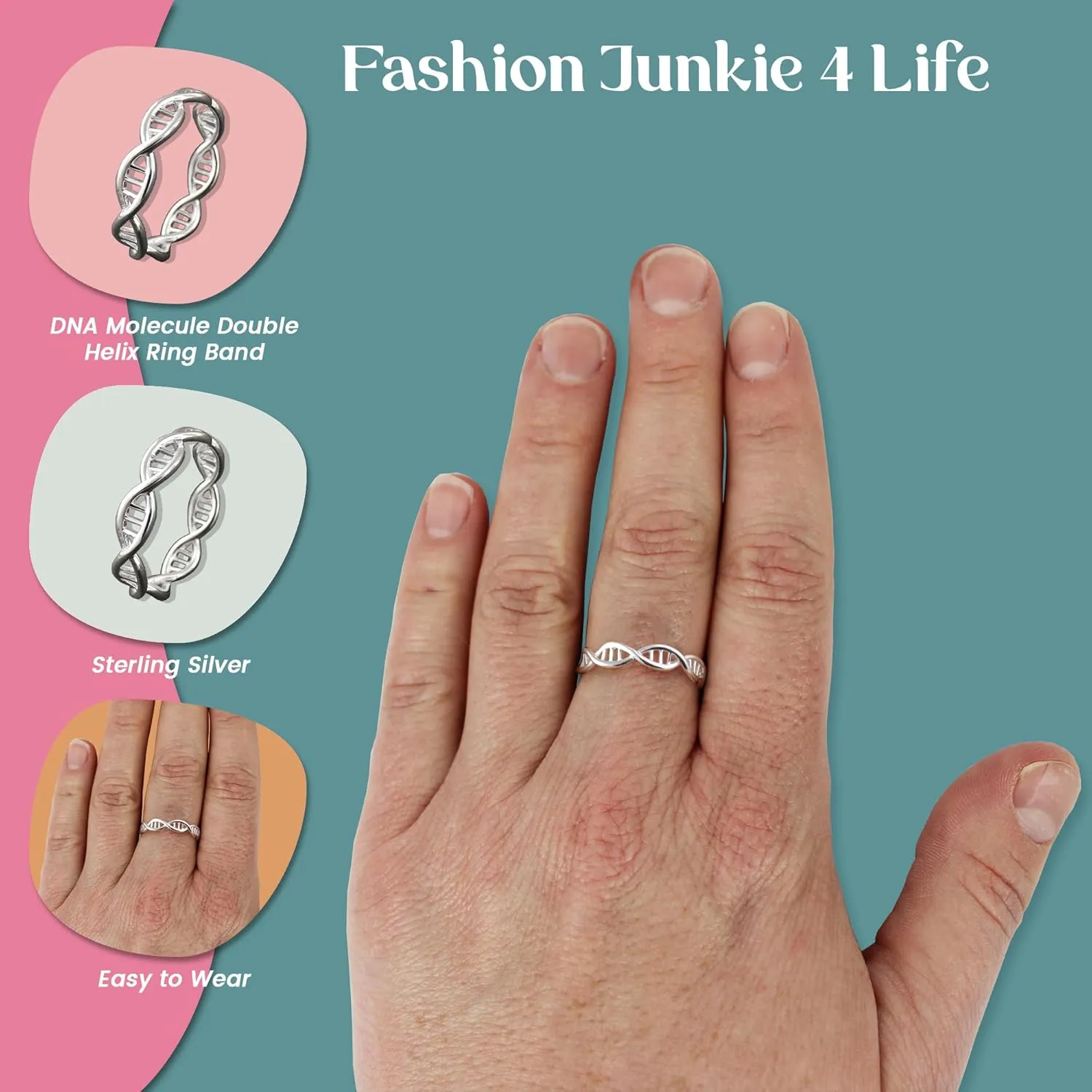 FashionJunkie4Life Sterling Silver DNA Molecule Double Helix Ring Band, Sizes 6-10