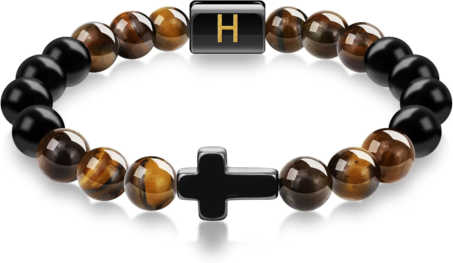 Fathers Gifts for Dad Husband Grandpa Boyfriend Son, Cross Bracelet for Men Initial Bracelet Natural Stone Tigers Eye Beaded Bracelets Christian Religious Birthday Gifts for Men Teen Boys