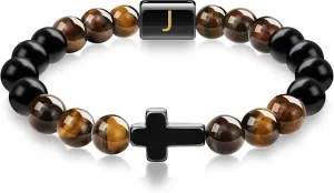 Fathers Gifts for Dad Husband Grandpa Boyfriend Son, Cross Bracelet for Men Initial Bracelet Natural Stone Tigers Eye Beaded Bracelets Christian Religious Birthday Gifts for Men Teen Boys